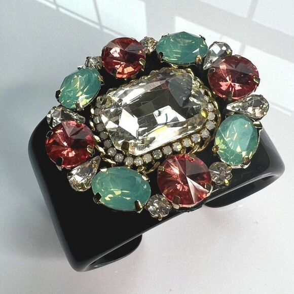 Black Acrylic/Metal Cuff Bracelet Encrusted with Colorful Rhinestones UNIQUE - Picture 1 of 4